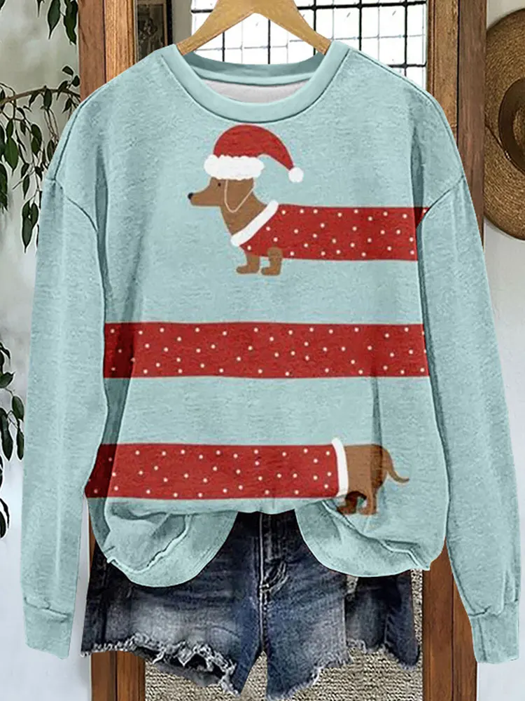 Cute Christmas Dachshund Print Sweatshirt