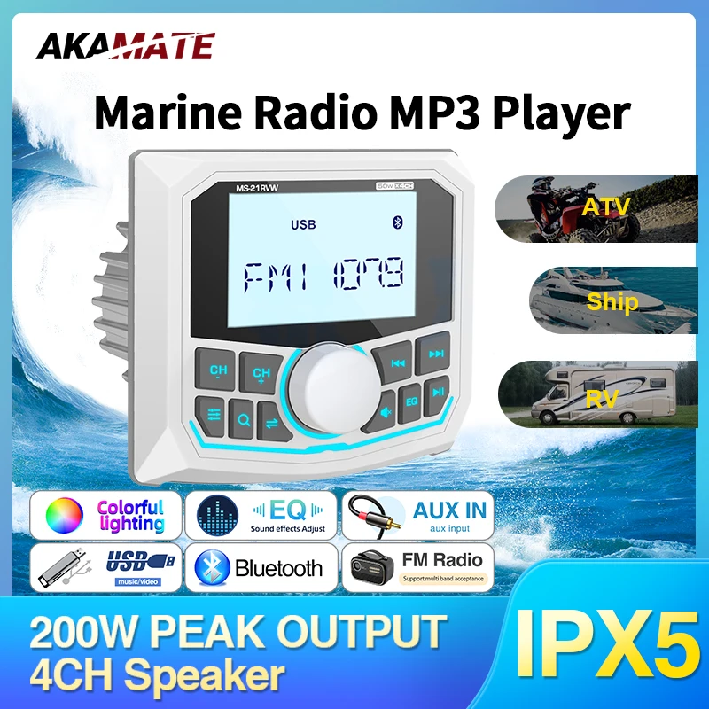 

Boat Radio Media Player Stereo MP3 Waterproof Bluetooth Audio FM AM AUX Music Media Video Player for Harvesters ATV UTV SPA RZR