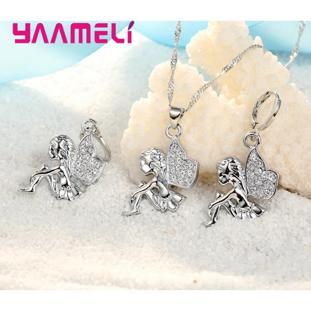 925 Sterling Silver Necklace+Earrings Jewelry Set Mysterious Romantic Style Fairy Modeling For Little Girl Present