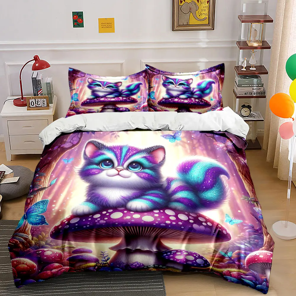 Fantasy forest cat on mushroom Printed Duvet Cover Set1 Duvet Cover+2 PillowcaseMulti Size Bedroom Bedding Decor Luxury gifts