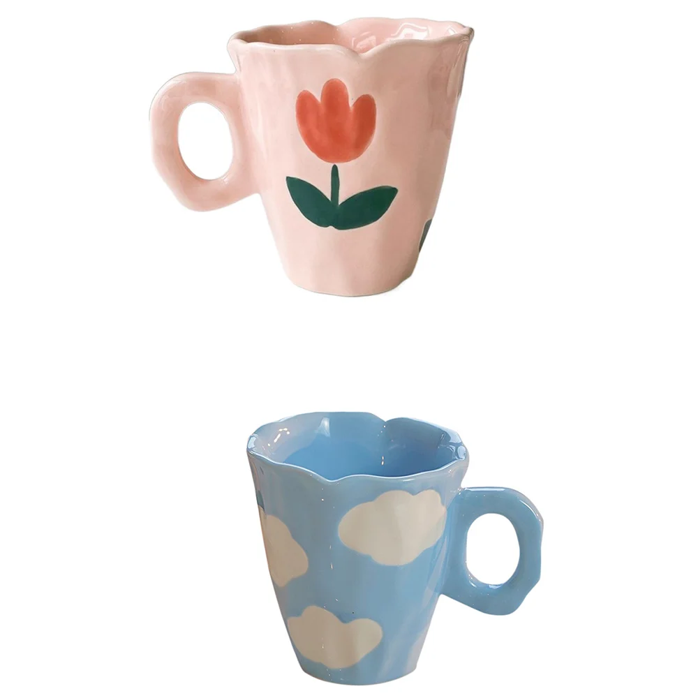 Canecas de cerâmica feitas à mão, tulipa e nuvem pintada à mão, xícara de café irregular para chá, leite, presentes criativos, copo (azul)