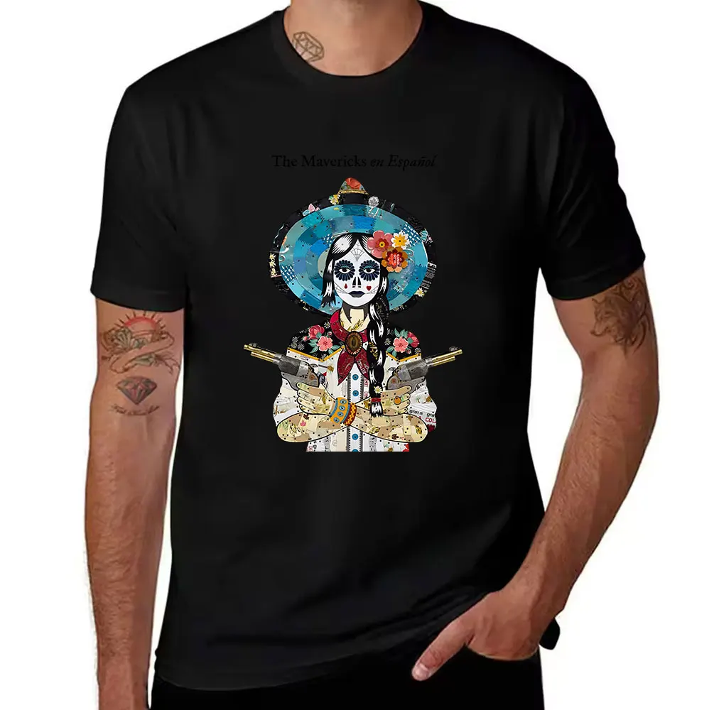 Men's 100% Cotton T-Shirt, The Mavericks en Español Day of the Dead Graphic Tee, Vintage Western Style Casual Top
