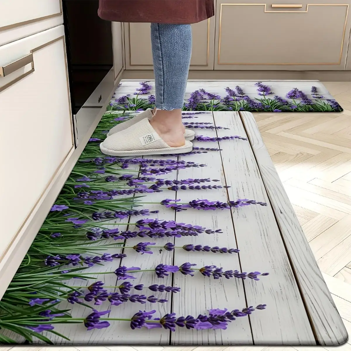 Lavender Flower Print Kitchen Rug, Non-Slip Cushioned Comfort Standing Mat, Heavy Duty Floor Carpet for Home Sink Laundry