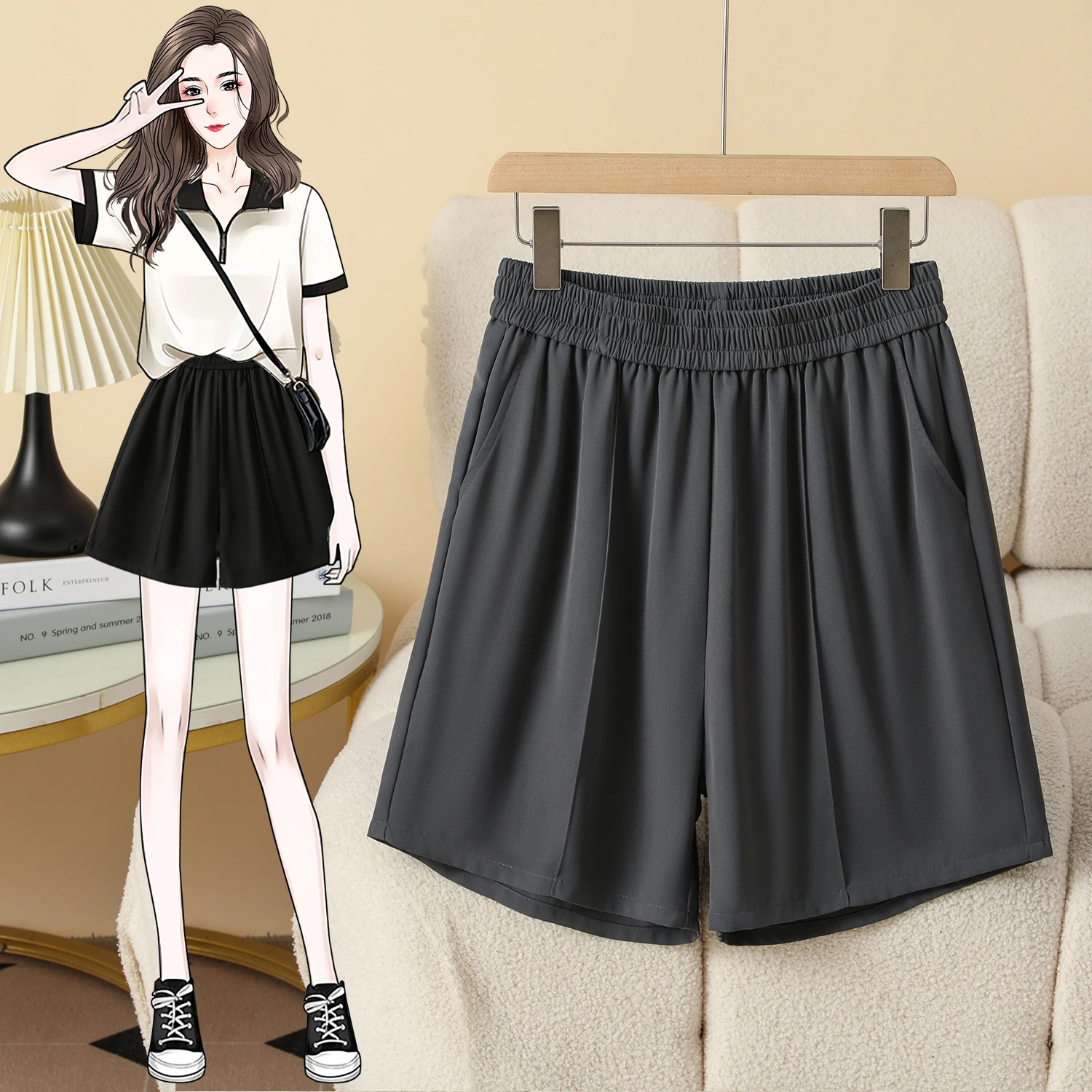 2026 Elastic High Waist  A-Line Suit Shorts Women's Fashion Summer New Wide Leg Loose Short Pants Casual Sports Pants