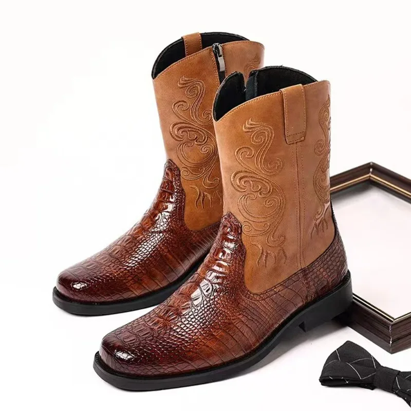 Embroidery Men's Boots Retro Cowboy Boots New PU Leather Western Boots British Style Work Riding Boot Zipper Mid-Calf Boot 2026