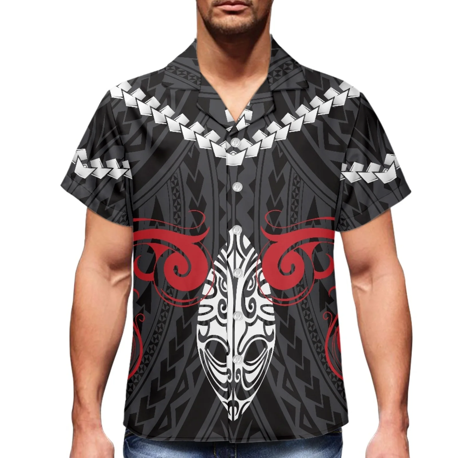 

Black Tattoo Polynesian Tribe Traditional Print 2023 Summer Fake Luxury Men's Shirt V-Neck Men's Short Sleeve Hawaiian Sport Shi