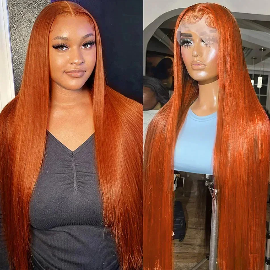 13x4 HD Frontal Colored Wigs Straight Ginger Orange Human Hair Wig Lace Front Preplucked For Black Women 180 Density 34 Inches