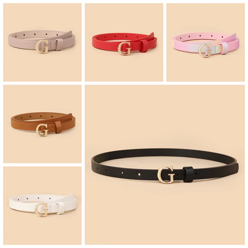 Women high quality design G shape buckle PU leather thin belt with classic gold buckle accessories girl belt