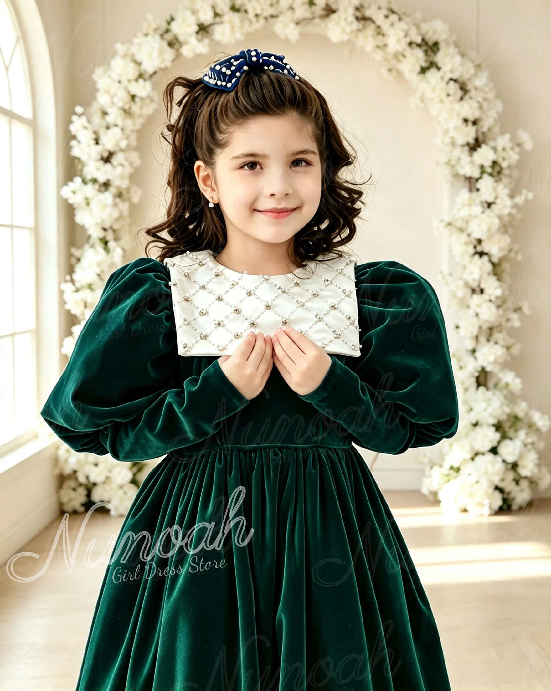 Emerald Green Flower Girl Dresses for Wedding Beaded Full Sleeves Floor Length Baptism Gown First Communion Gowns Customized