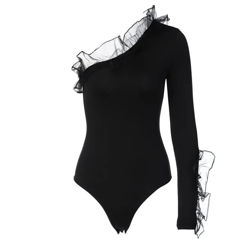 2023 outono inverno feminino sexy bodycon bodysuit um ombro sólido manga longa corpo topos para mulher