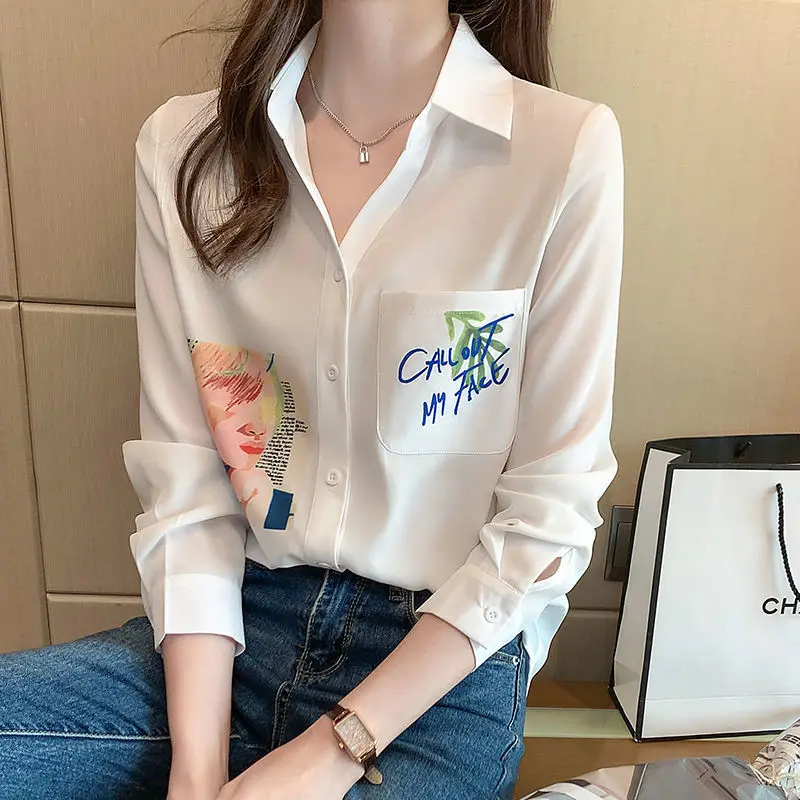 Women Clothing Temperament White Shirt Tops Spring Autumn New Solid Polo Neck Long Sleeve Printing Office Blouse Fashion Elegant