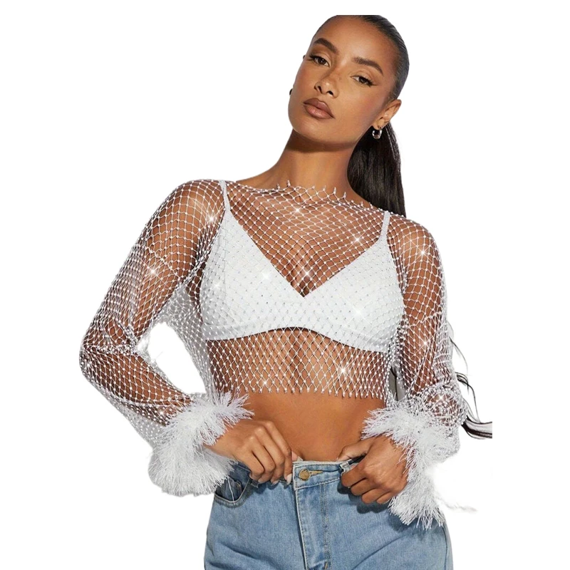 ropa+Mujer Y2K Damen Sexy Durchsichtiges Netz-T-Shirt mit Glitzer, Strass und Straußenfedern, Crop-Top für Nachtclub, Party, Festival – Detail 1