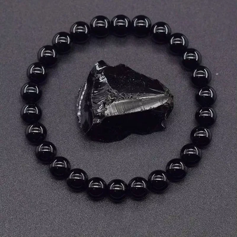 Pulseira de ônix natureza com pedra para homens, pedra natural brilhante, oblidiana preta, feita à mão, joias de meditação de ioga