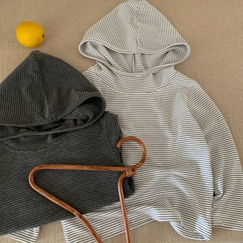 Children T-shirt 2025 Autumn Winter Tops for Kids Striped Boys Girls Hooded Baby Casual Bottom Teenager Outfits Baby Clothes