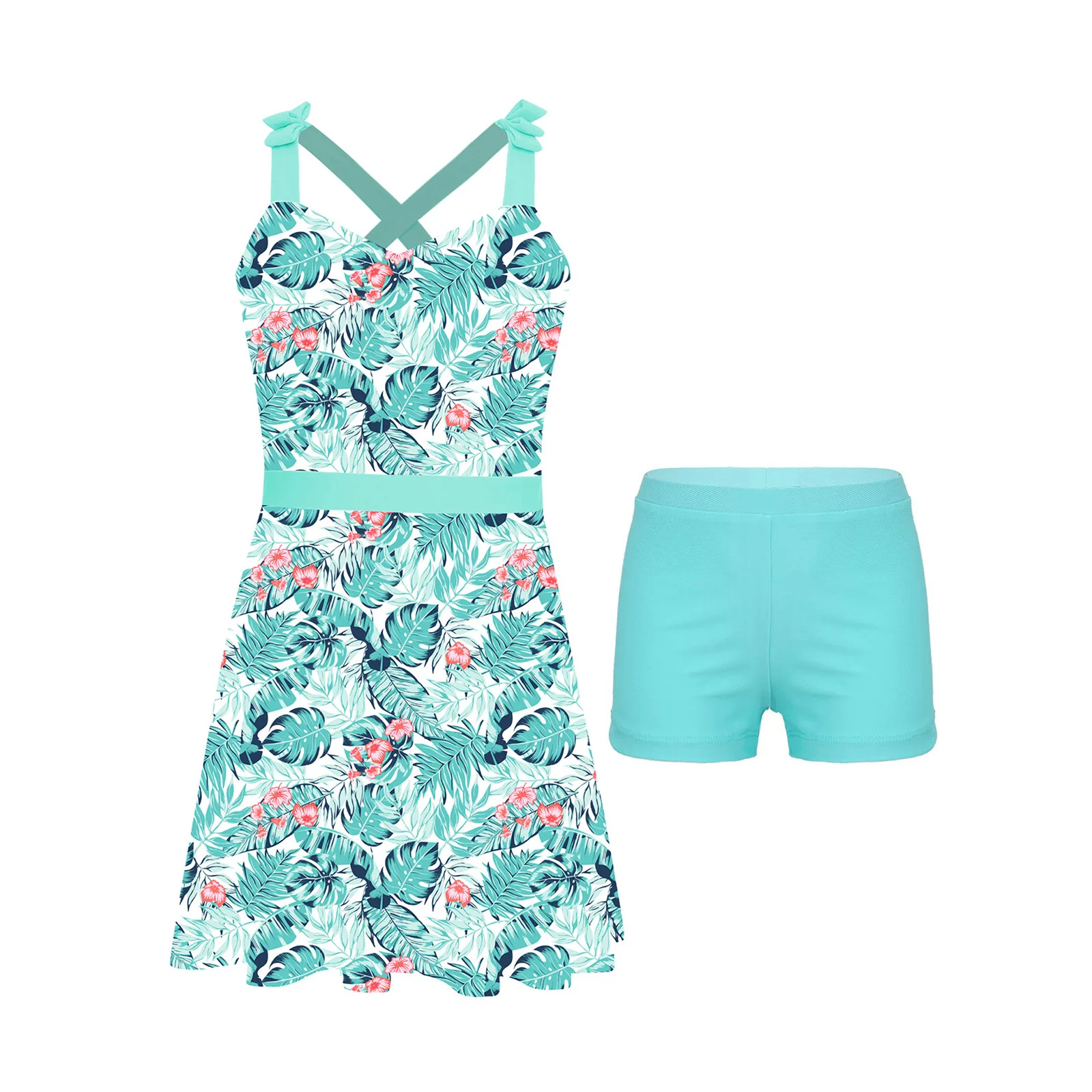 

Summer Girls 2Pcs Swimsuit Set Sleeveless Back Straps Cute Floral Print Swim Dress & Shorts Quick-Dry Swimwear Bathing Suit