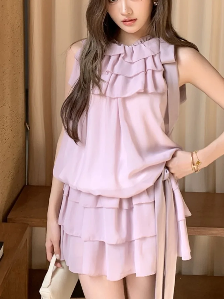 

Women's Elegant Ruffes Two Pieces Sets Fashion French Lace-up Floral Sleeveless Top+A-Line Short Skirt Summer Holiday Summer New