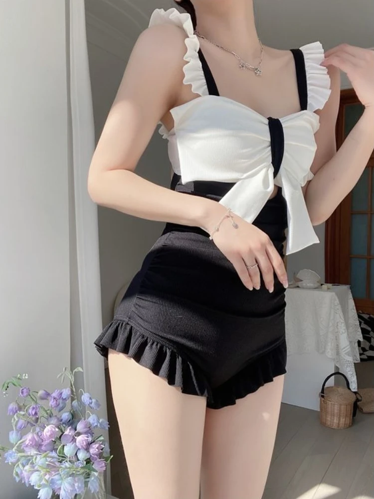Cute Bowknot Detail Swimwear Ladies Elegant Backless One Piece Swimsuit Soft Pastel Color Swim Costume for Water Activities view 5