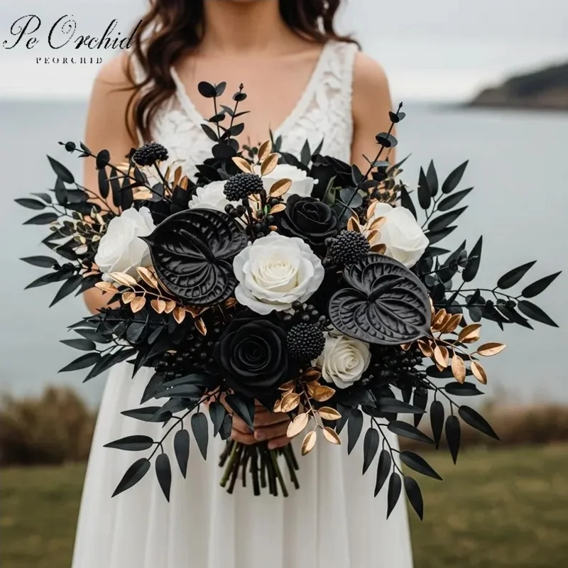 

PEORCHID черное золото готические свадебные букеты эвкалипт цвета слоновой кости розы Хэллоуин искусственные цветы свадебный букет для невесты роскошь