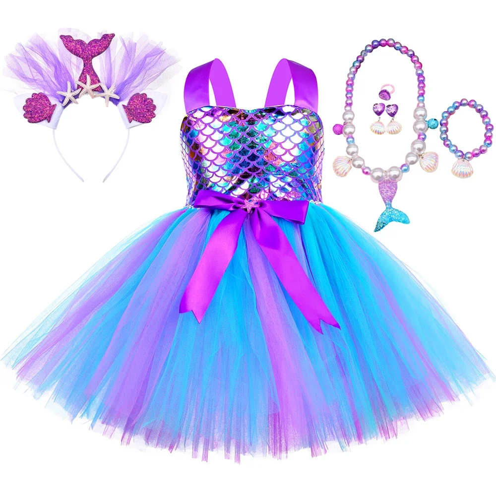 Mermaid Tutu Princess Dress for Girls Fancy Birthday Party Tulle Dresses Ball Gown Carnival Halloween Costume for Kids Clothes