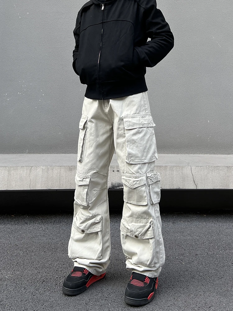 

Мужские свободные хлопковые рабочие брюки в американском стиле с множеством карманов, повседневные брюки в уличном стиле, молодежные модные брюки.