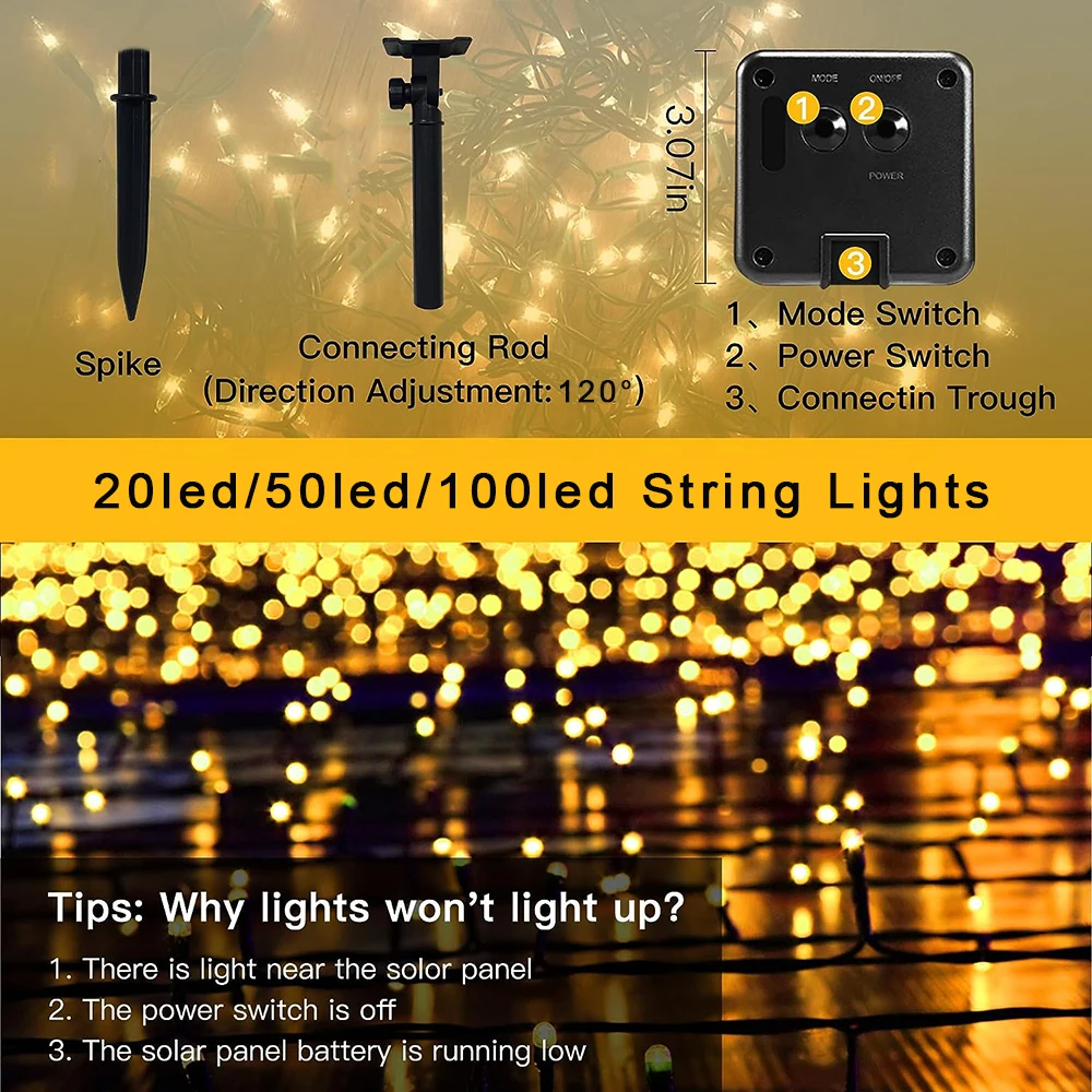 12M 8 Modes Solar String LED Fairy Lights Garland Festoon Outdoor Sunlight Powered Waterproof Lamps Christmas Garden Party Decor