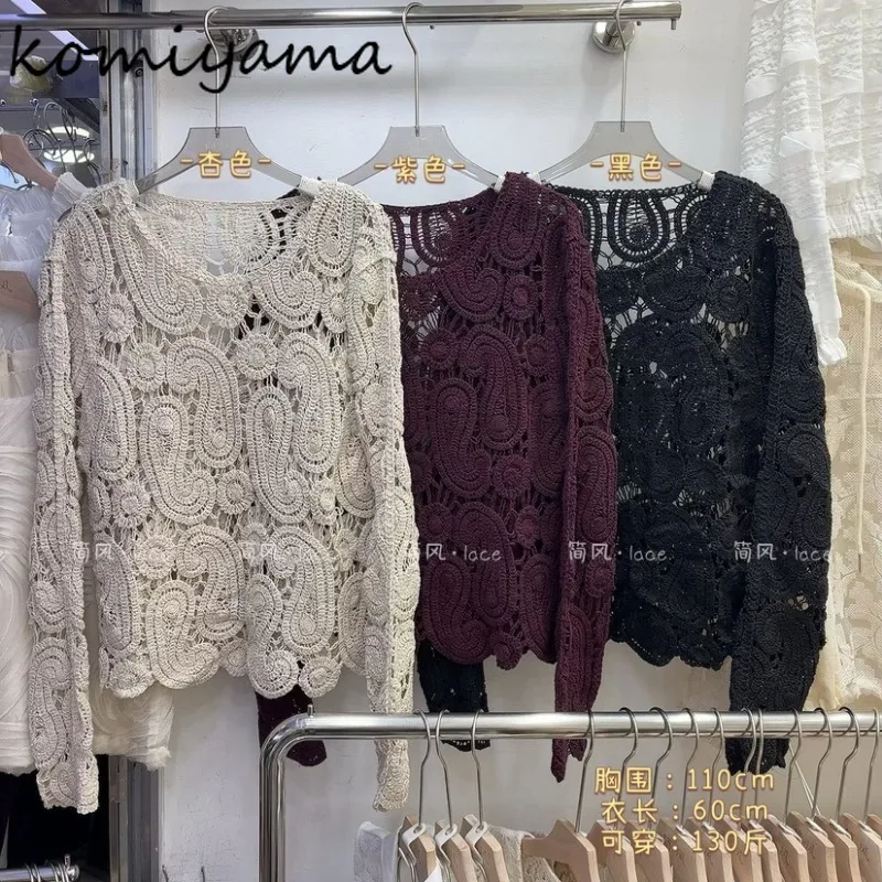 

Hollow Out Lace Woman 2025 Shirts & Blouses Autumn New Blusas O-neck Long Sleeve Ropa De Mujer Loose Camisas Retro Clothing