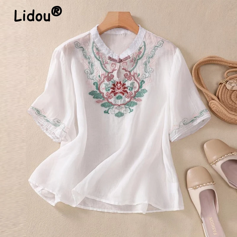 Women\'s Chinese Style Vintage Embroidery Blouse Stand Collar Hollow Cotton Linen Shirt Short Sleeve Loose Tops Blusas Para Mujer