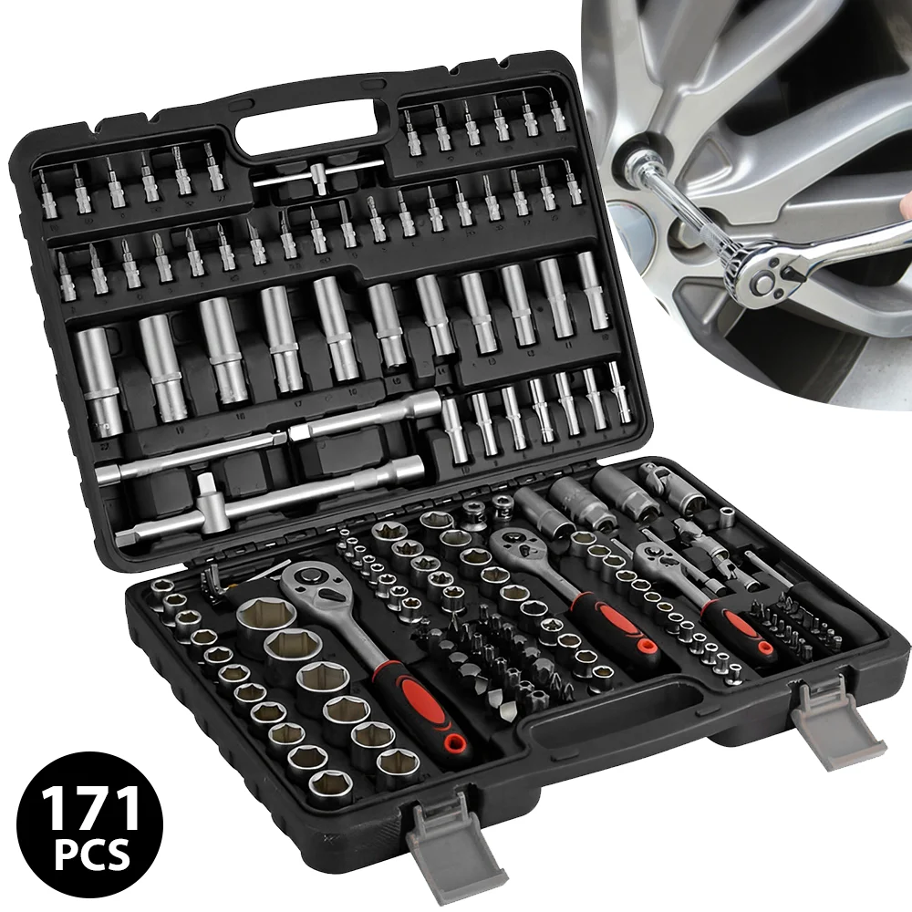 [EU Stock]171pcs Socket Wrench Set Car Repair Tool Ratchet Spanner Wrench 1/4 3/8 1/2 Ratchet Spanner Screwdriver Bits Hand Tool