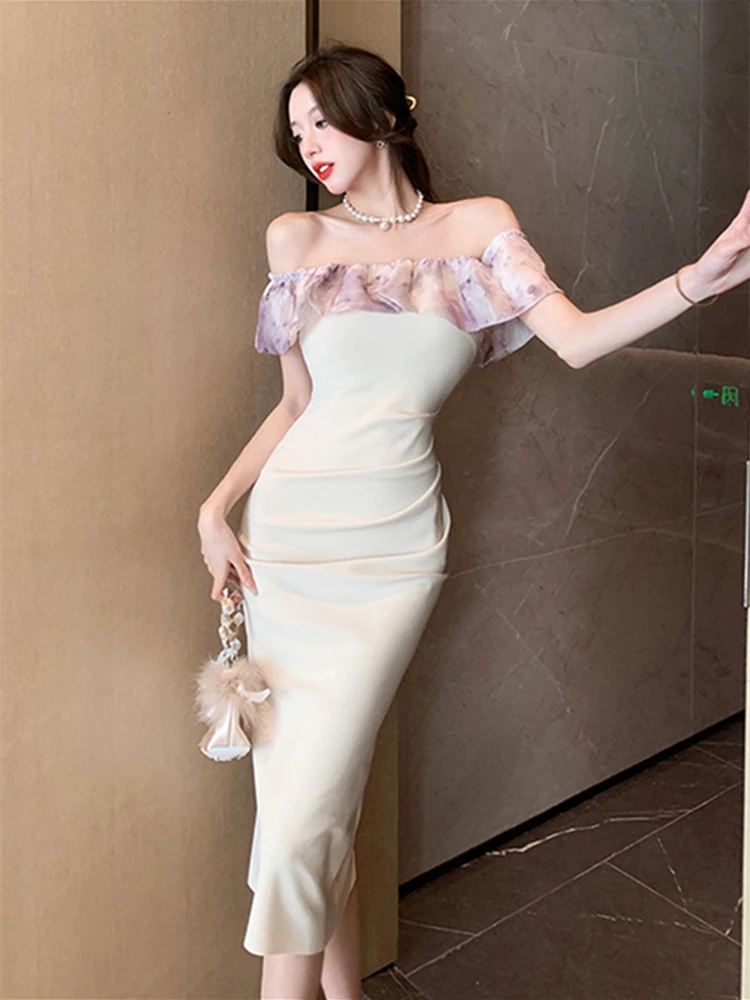 Sexy Backless Off Shoulder Midi Dresses for Women 2023 Summer New Korean Slim Folds Ruffled Prom Party Vestidos Female Clothes