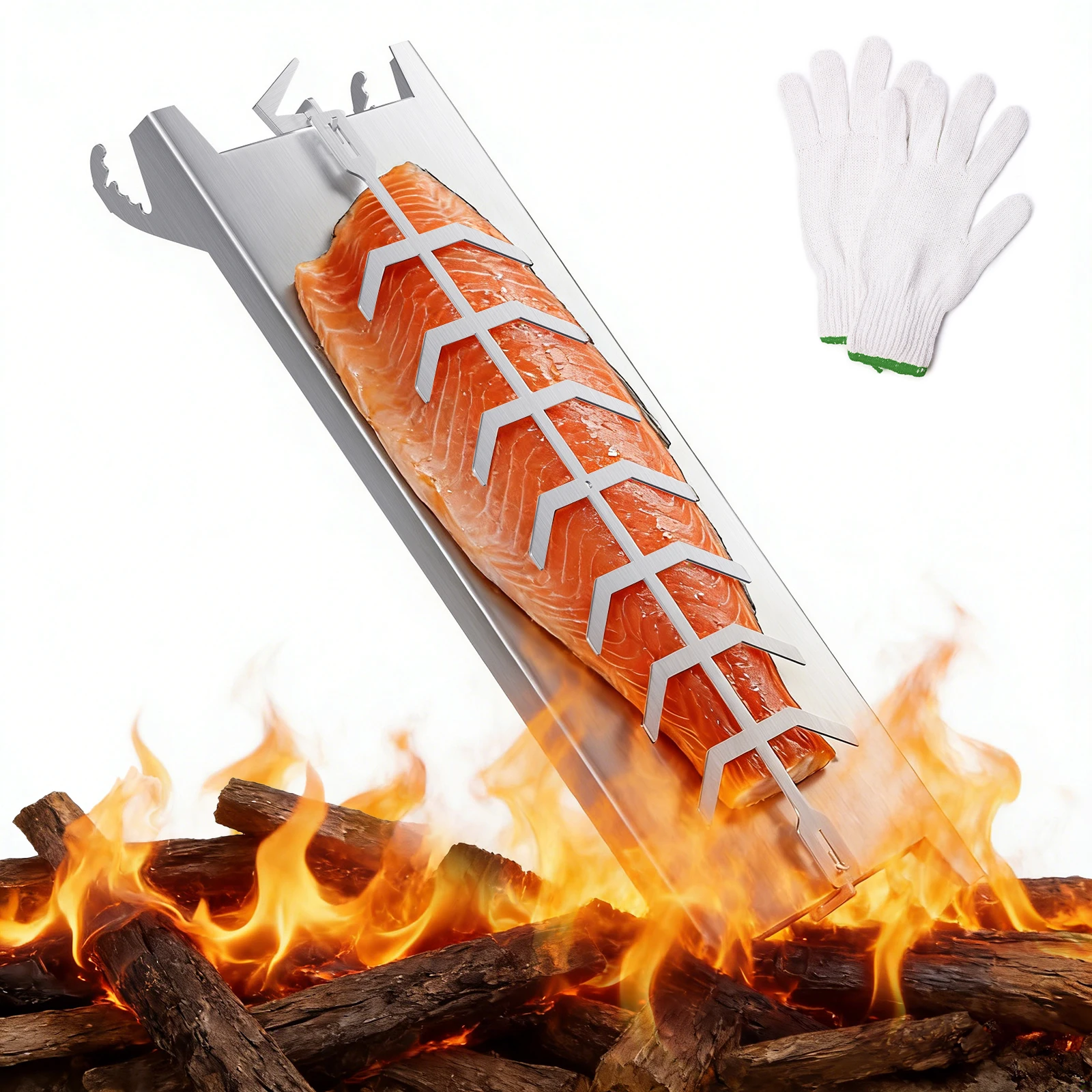 Tabla para asar salmón a la llama, tabla de acero inoxidable para asar salmón, tabla para asar salmón para brasero, 180 ° Placa giratoria, utilizable como placa para fumar