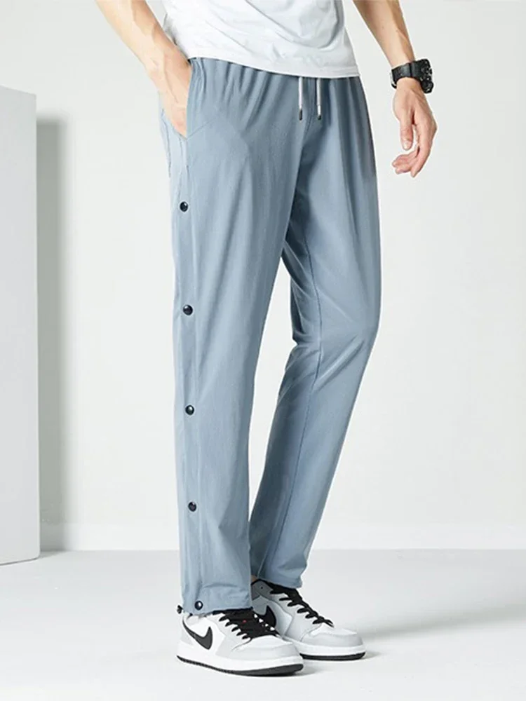 

Summer Quick Dry Sweatpants Men Sportswear Side Button Breathable Mesh Loose Casual Track Pants Straight Jogger Trousers