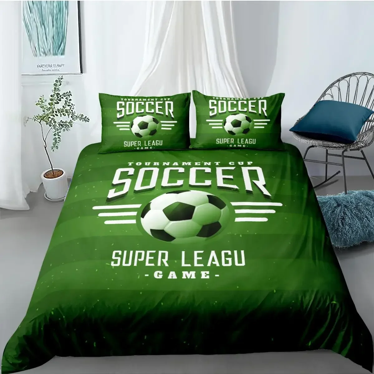 Soccer Duvet Cover Set FootBall and Old Plaster Wall Damage Destruction Punching Bedding Set Teens Queen Polyester Quilt Cover