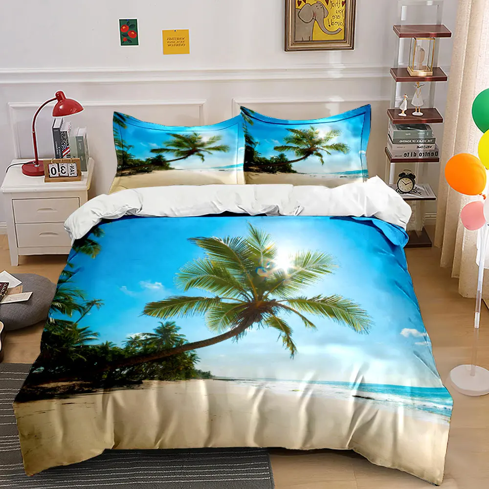 Tropical beach with curved palm tree Print Soft Comfortable Duvet Cover Bedding Set Included 1*Duvet Cover  2*Pillowcases