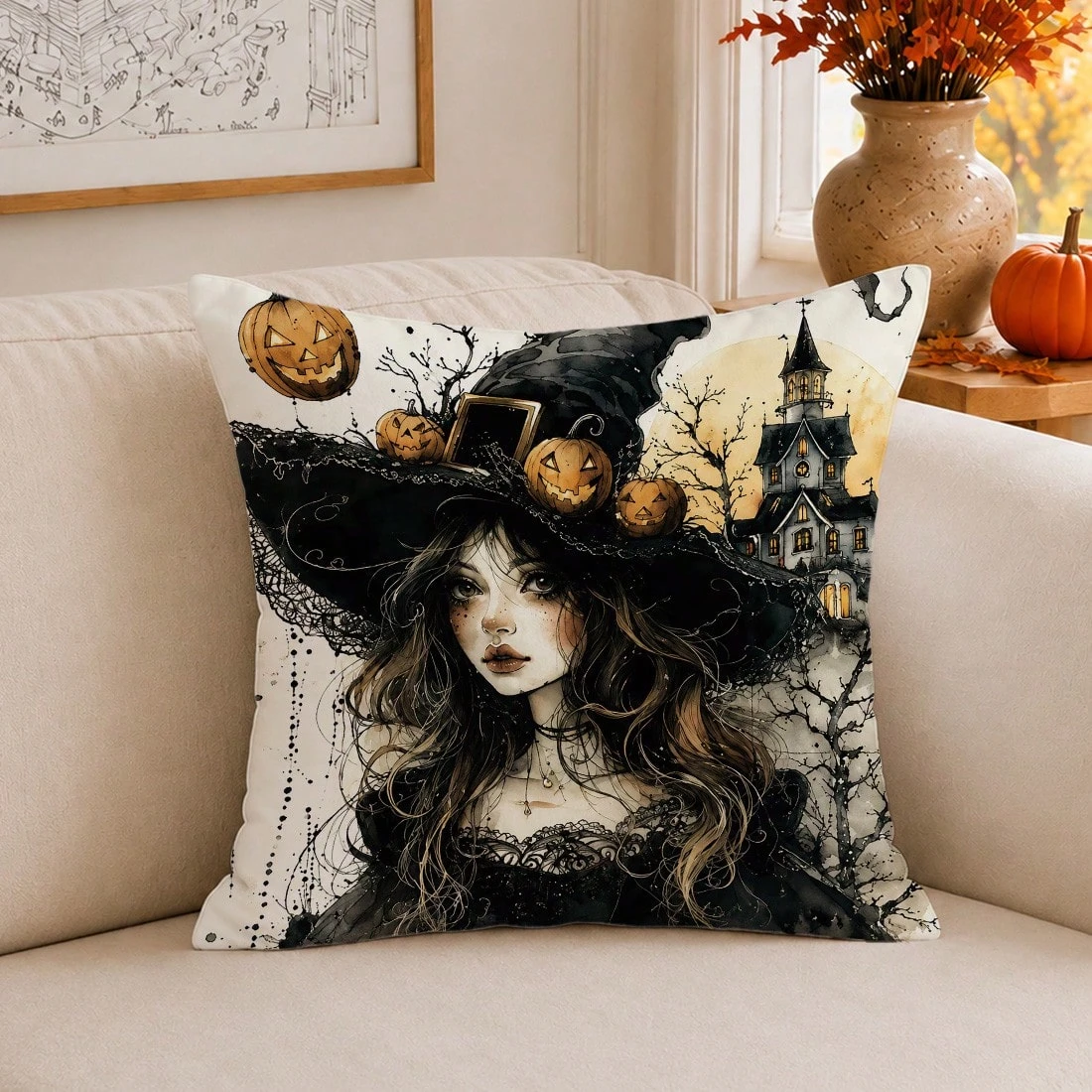 Halloween Pillow Cover Set, Pumpkin Ghost Witch Bat Print Cushion Case, Fall Holiday Home Decor, Decorative  for Sofa Bedroom