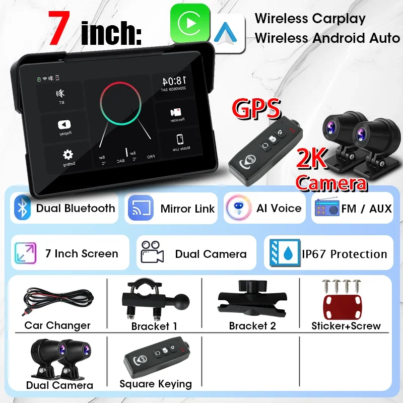 Jansite 7 Inch 2K Motorfiets Upgrade Module Dvr Navigatie Gps Draadloze Carplay Waterdichte Ipx7 Tpms Draagbare Slimme Display Cam