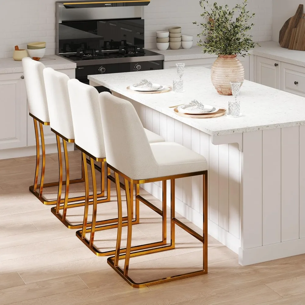 Bar Stool Set (2 Stools), 24 Inches High, with Padded Backrests, Leather, Gold-plated Metal Frame