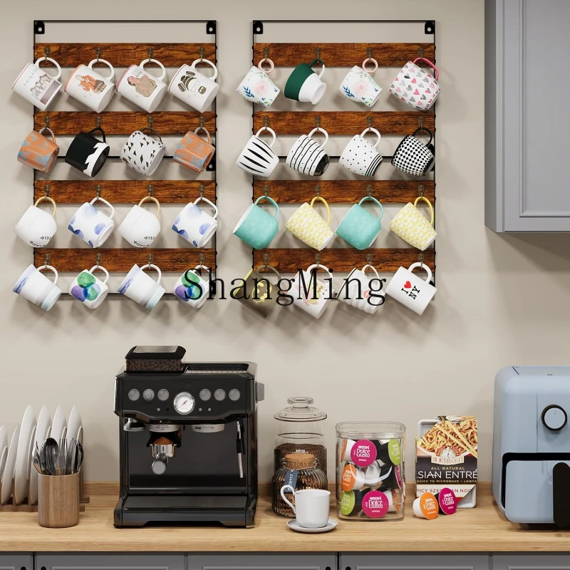 SM Rustic Wooden Coffee Mug Holder Wall Mounted Storage Rack can hold 32 mugs
