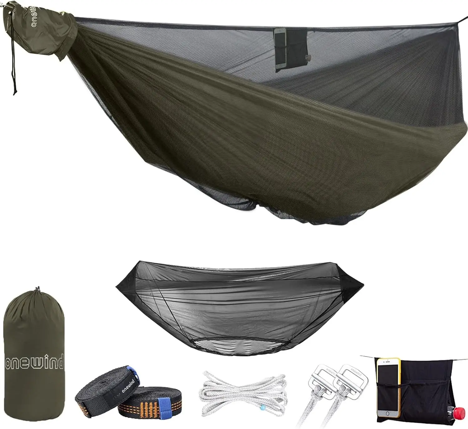 

Portable Double Camping Hammock with Bug Net, Adjustable Tree Straps for Outdoor Hiking Backpacking, OD Green