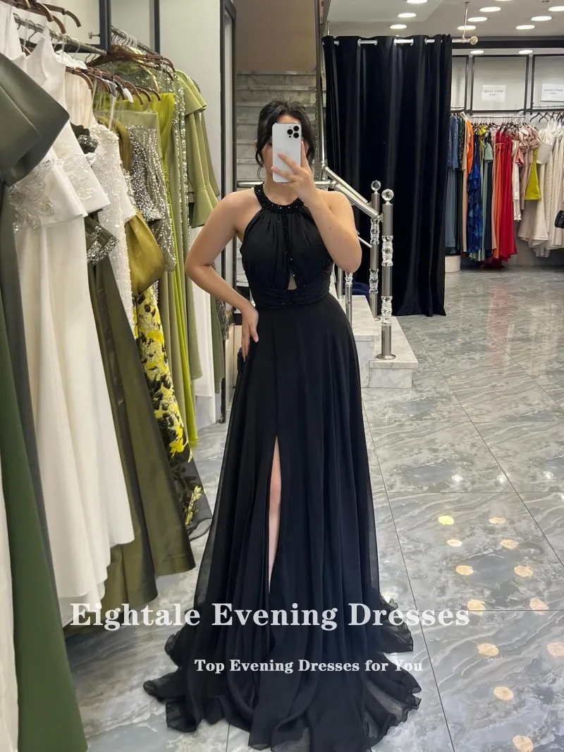 Eightale árabe vestido de noite halter a linha personalizado chiffon preto alta fenda até o chão baile de formatura vestido de festa de casamento