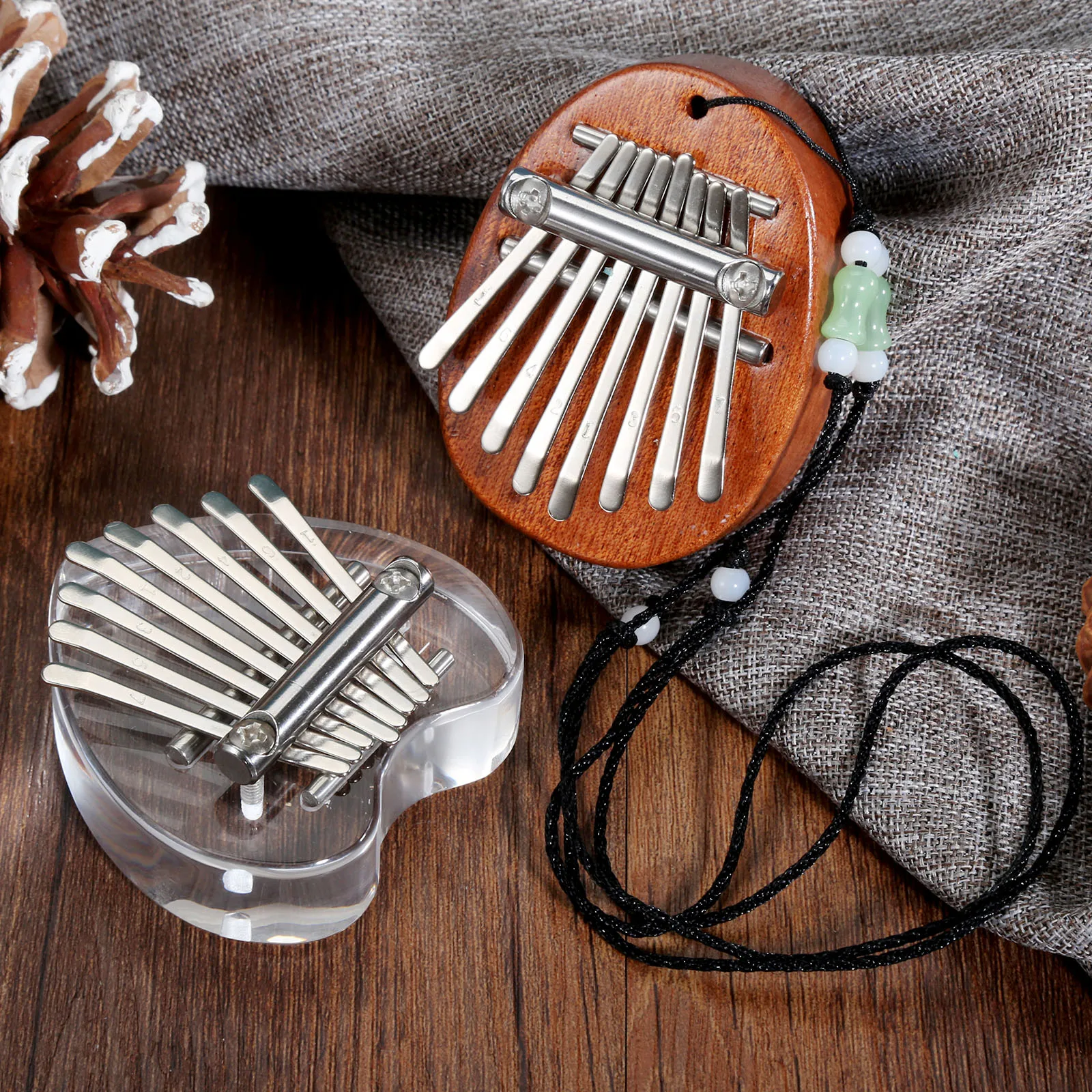 2pcs 8 Keys Finger Thumb Pianos Mini Kalimba Wood Grain Water Drop+ Clear Crystal Heart Kids Adults Music Instrument Portable