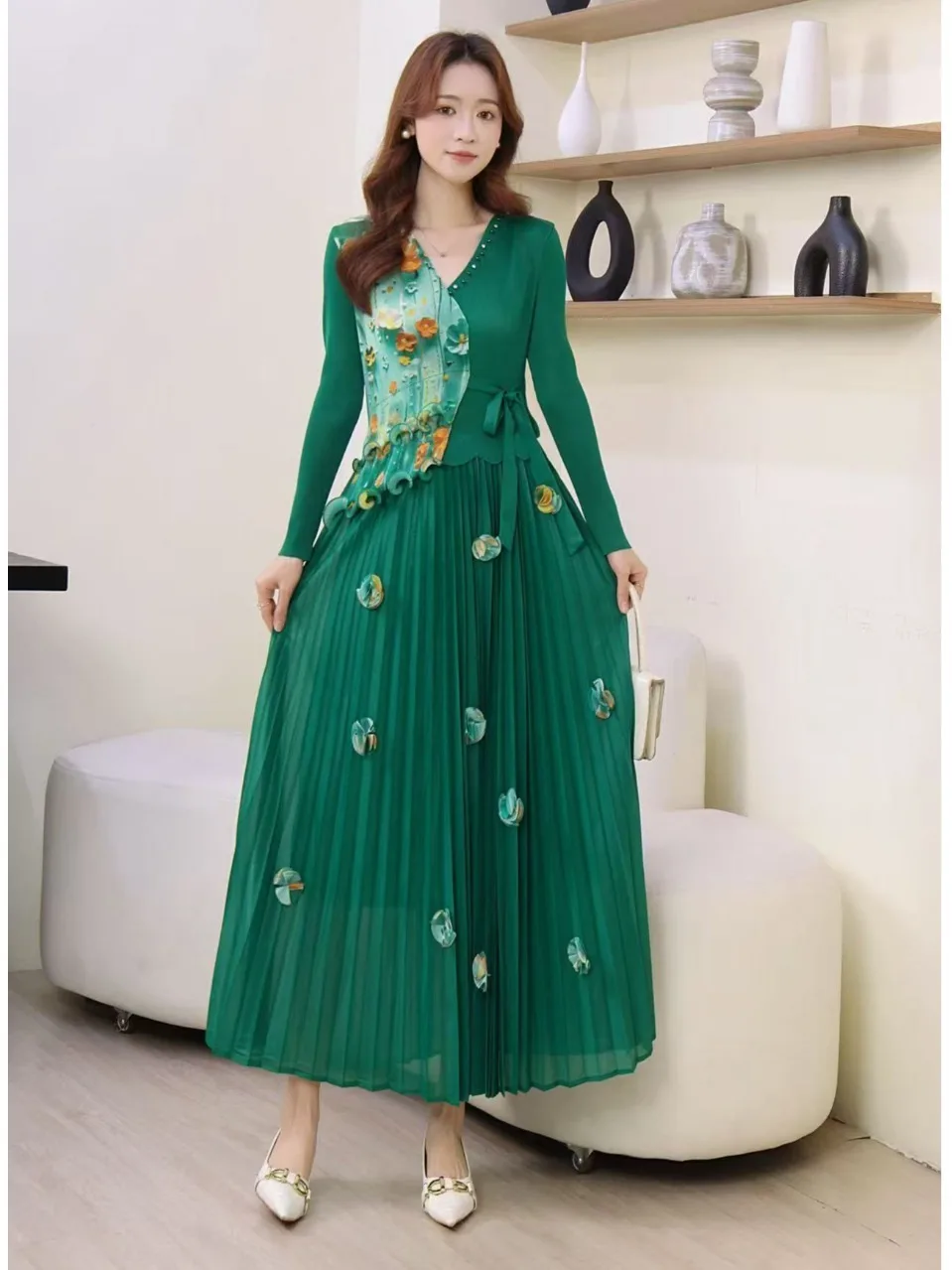 A-Line Midi Dr مع طباعة خشبية مطوية، زخرفة خرزية، زخرفة زهور ثلاثية الأبعاد للنساء Ele Ci...