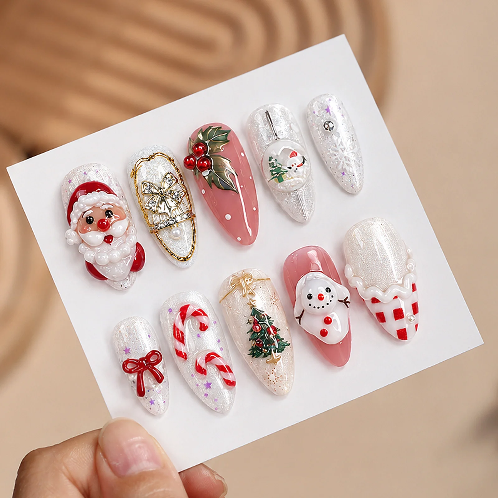 30pcs Press On False Nails Snowflake Christmas Tree Bowknot Gilded Gold Deep Red Almond Shape for Holiday Christmas Party