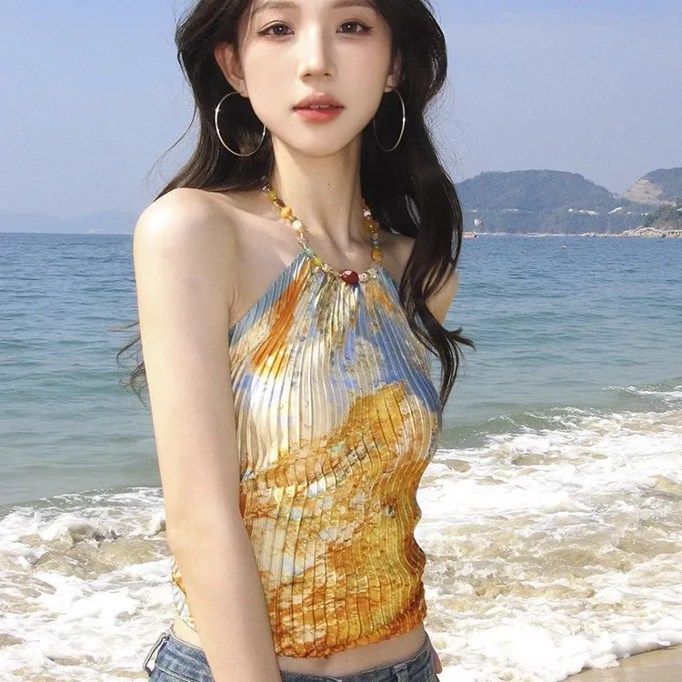 

Женский летний купальник-топ с завязками на шее в стиле пляжного отдыха, новый дизайн, нишевый, сексуальный, для модных девушек, короткий.