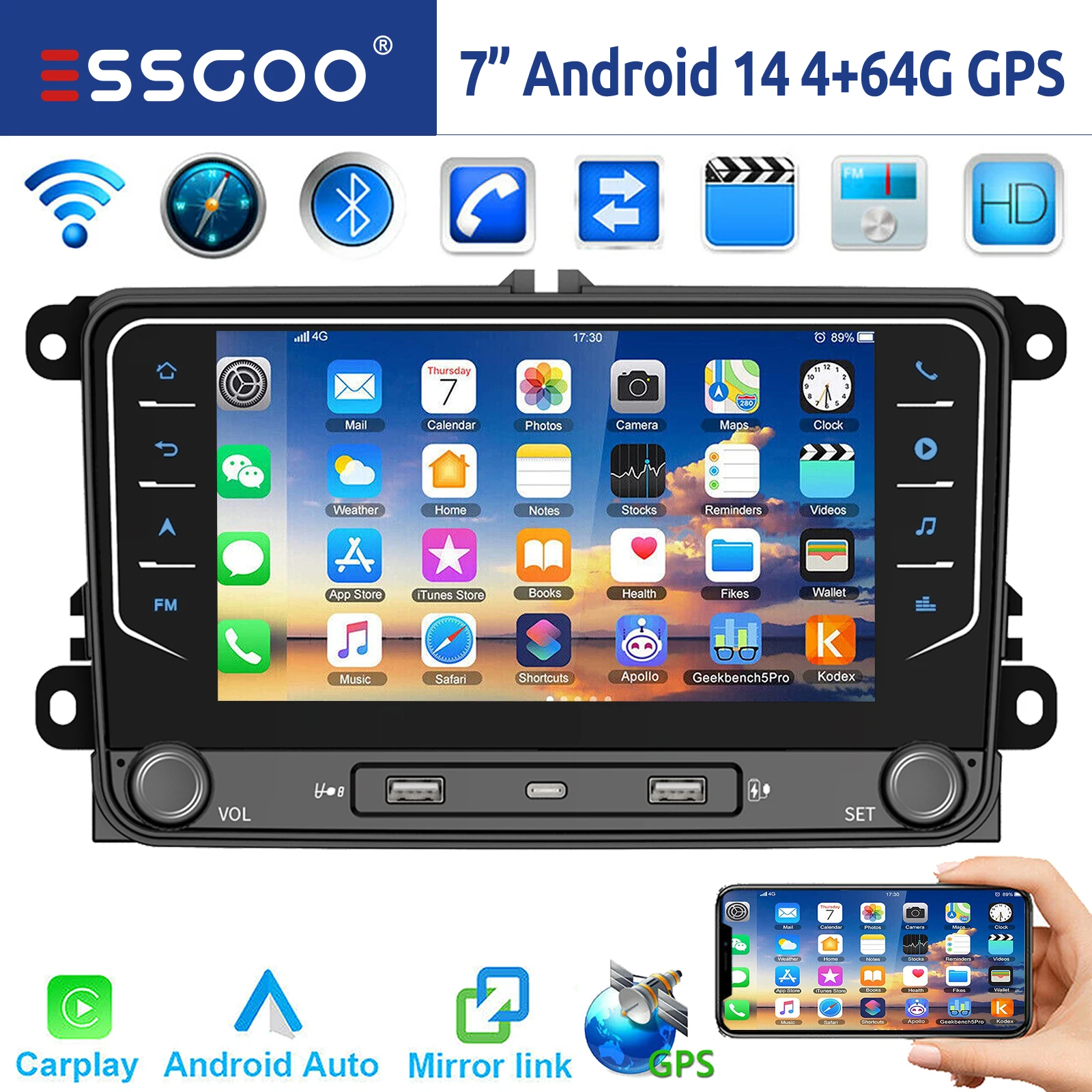 

ESSGOO Android 14 4+64G Wireless Carplay Car Stereo GPS NAVI WIFI RDS FM BT for VW Golf 5 6 Passat Polo Touran Tiguan Caddy EOS