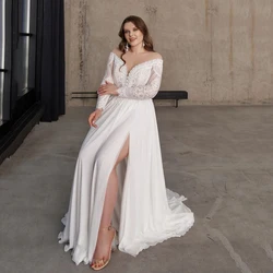 Chic Chiffon Plus Size Wedding Dresses Customized Long Sleeves Side Slit Bride Dress Boho Beach Bridal Gown Customized