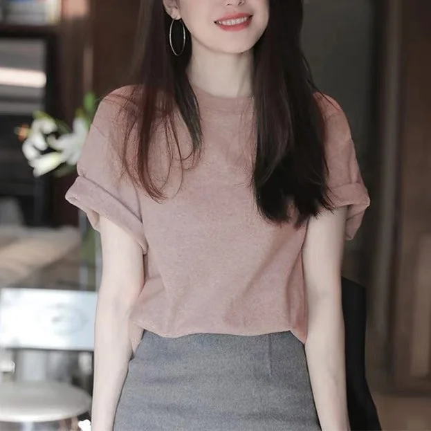 

Spring Summer Color Allmatch round Ne ort Sve Women's T-irt Cleanfit Sle Cotton Linen Blend Low round Ne Design