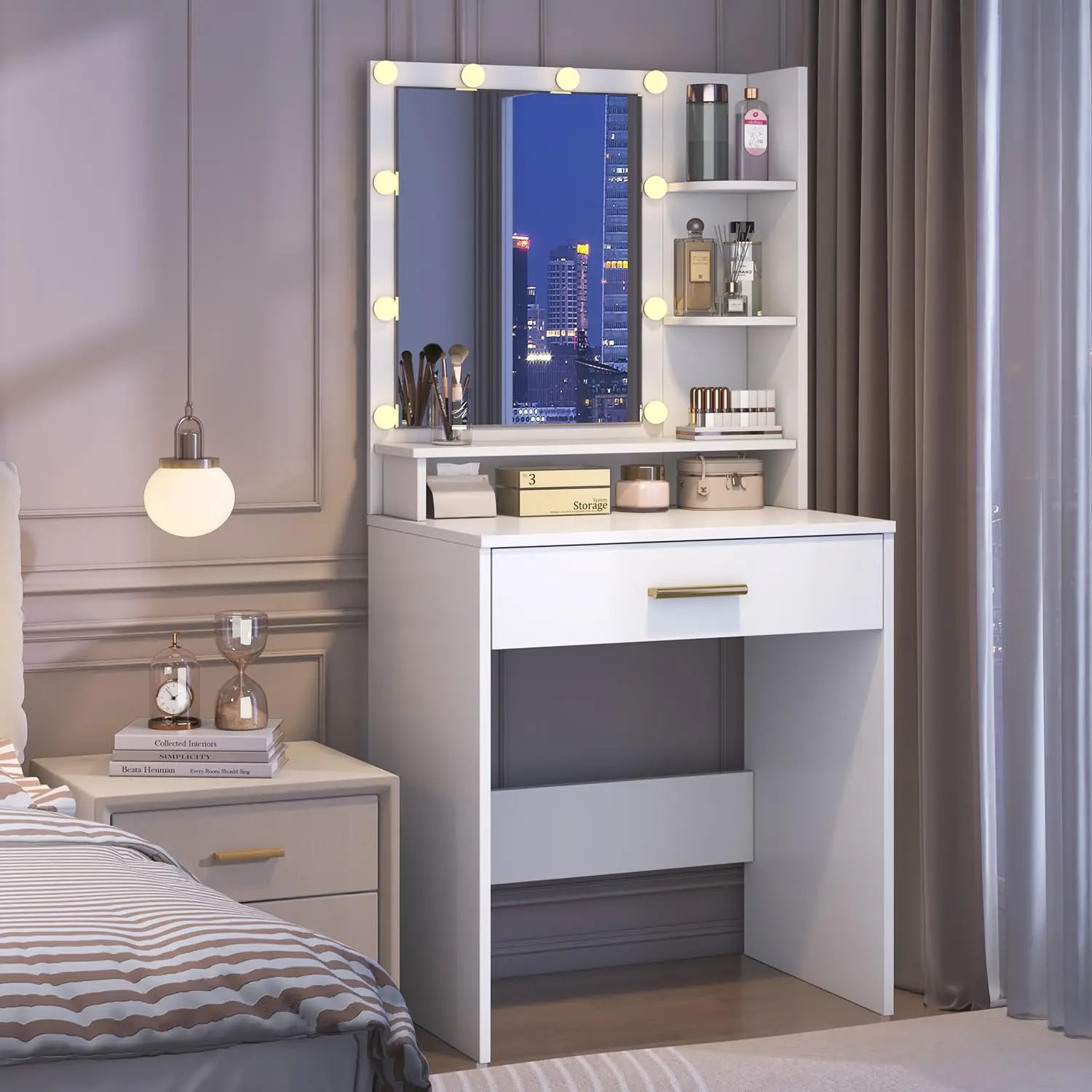 

Small Vanity Desk with Mirror and Lights,One Drawer Narrow Makeup Vanity for Girls,Teen Compact Make up Vanity Three Shelves