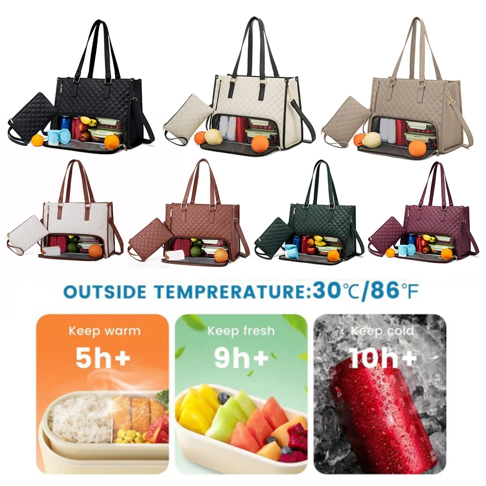 

Women 2-in-1 Lunch Bag Multi-Compartment Business Lunch Bag Large Capacity Quilted Handbag with Purse for Outdoor Work