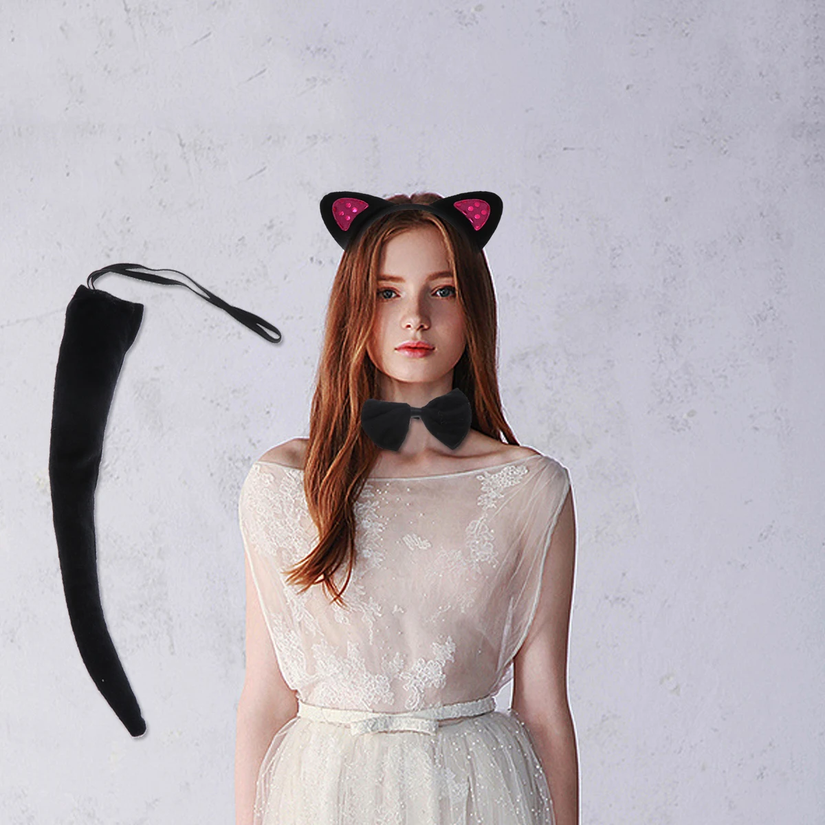 

3 Pcs Cat Ears Set Sequin Headband Tail Tie Animal Cosplay Headdress Halloween Party Accessories One Size Fits All Adults