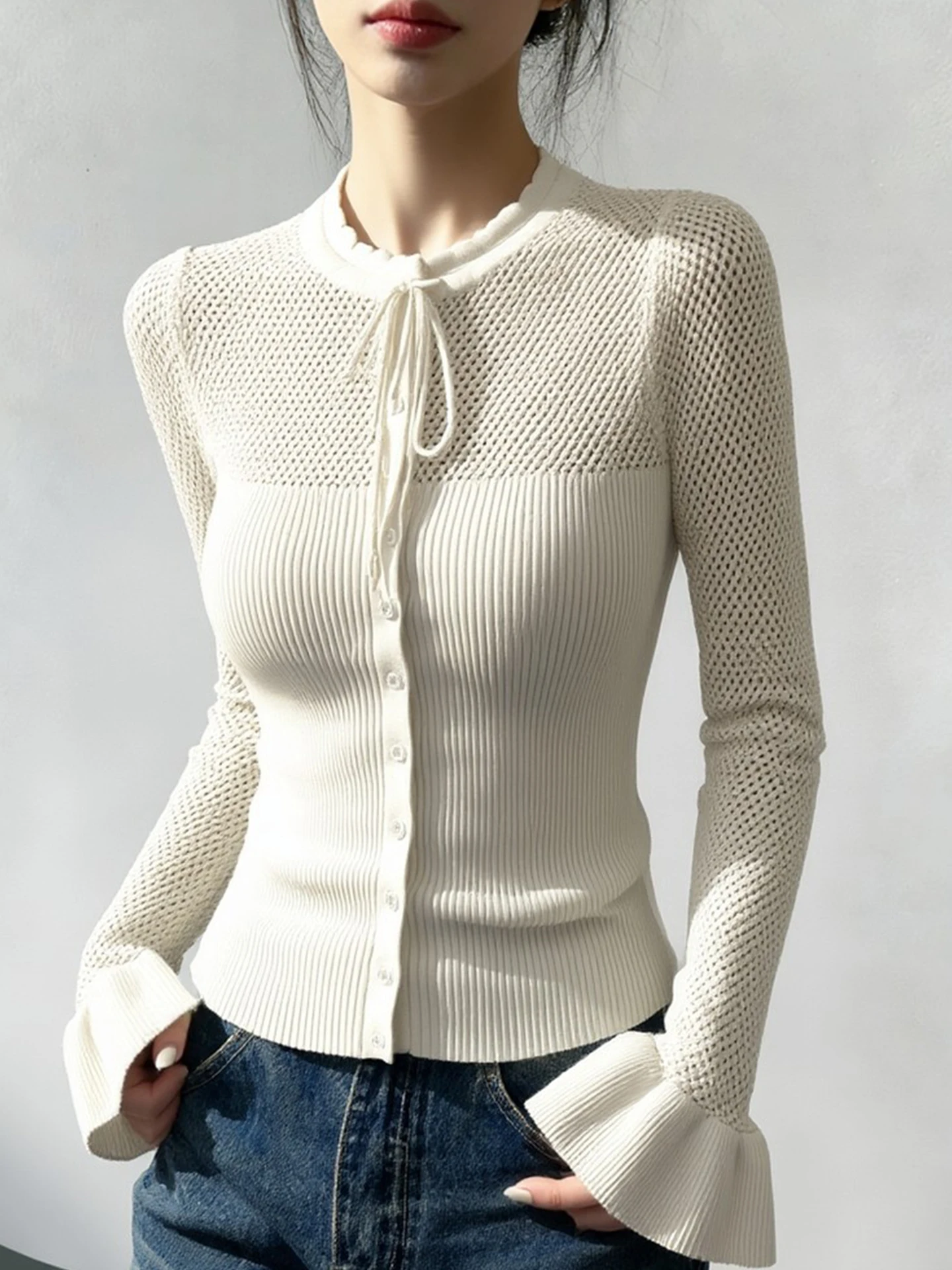 

Comfortable Knitted Top with Bell Sleeves And Belt Design Long Sleeve Spring Fashionable Korean Style Slim Fit Base Layer Shirt